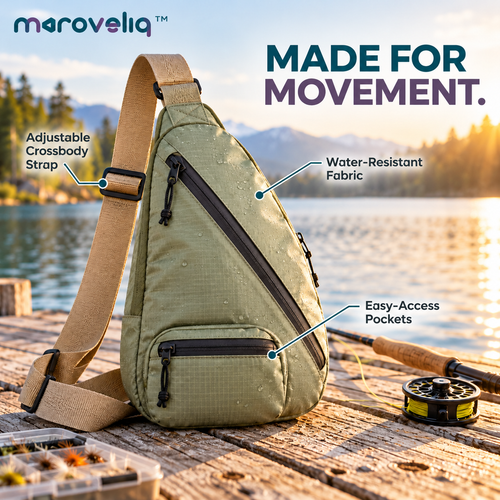 Maroveliq™ DriftPack – Water-Resistant Fishing Sling Bag, Lightweight Tackle Storage Crossbody Pack for Bank Fishing & Outdoor Travel
