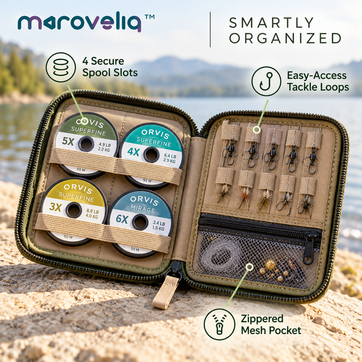 Maroveliq™ LineKeeper – Zippered Fishing Leader Organizer Wallet, Compact Tippet Line & Terminal Tackle Storage Case