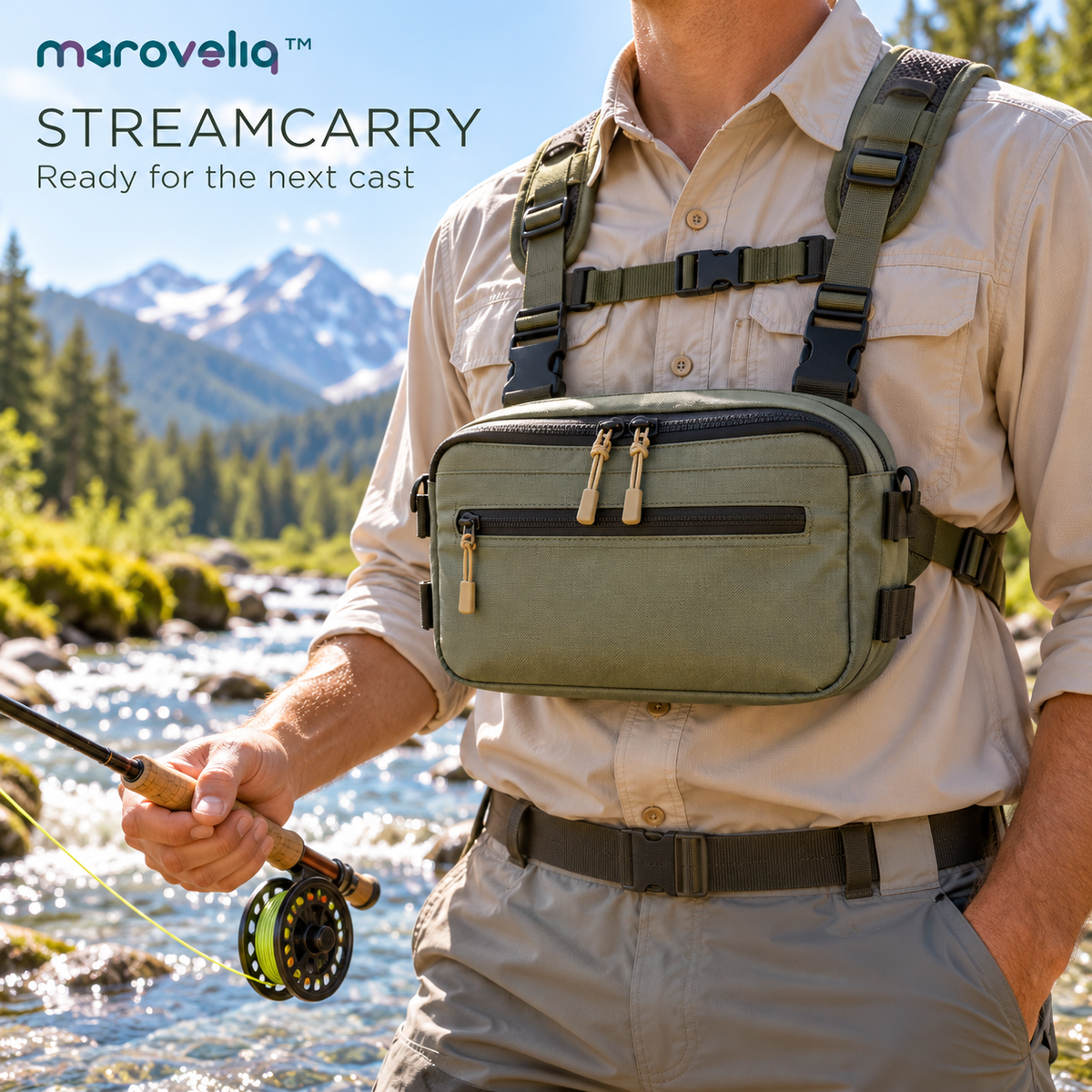 Maroveliq™ StreamCarry – Fishing Chest Pack, Water-Resistant Fly Fishing Gear Bag with Adjustable Harness & Utility Pockets