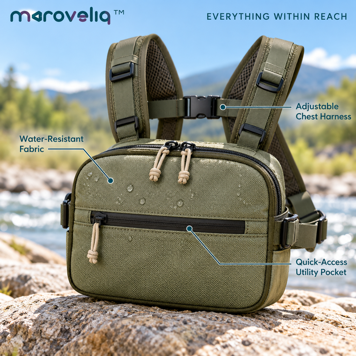 Maroveliq™ StreamCarry – Fishing Chest Pack, Water-Resistant Fly Fishing Gear Bag with Adjustable Harness & Utility Pockets