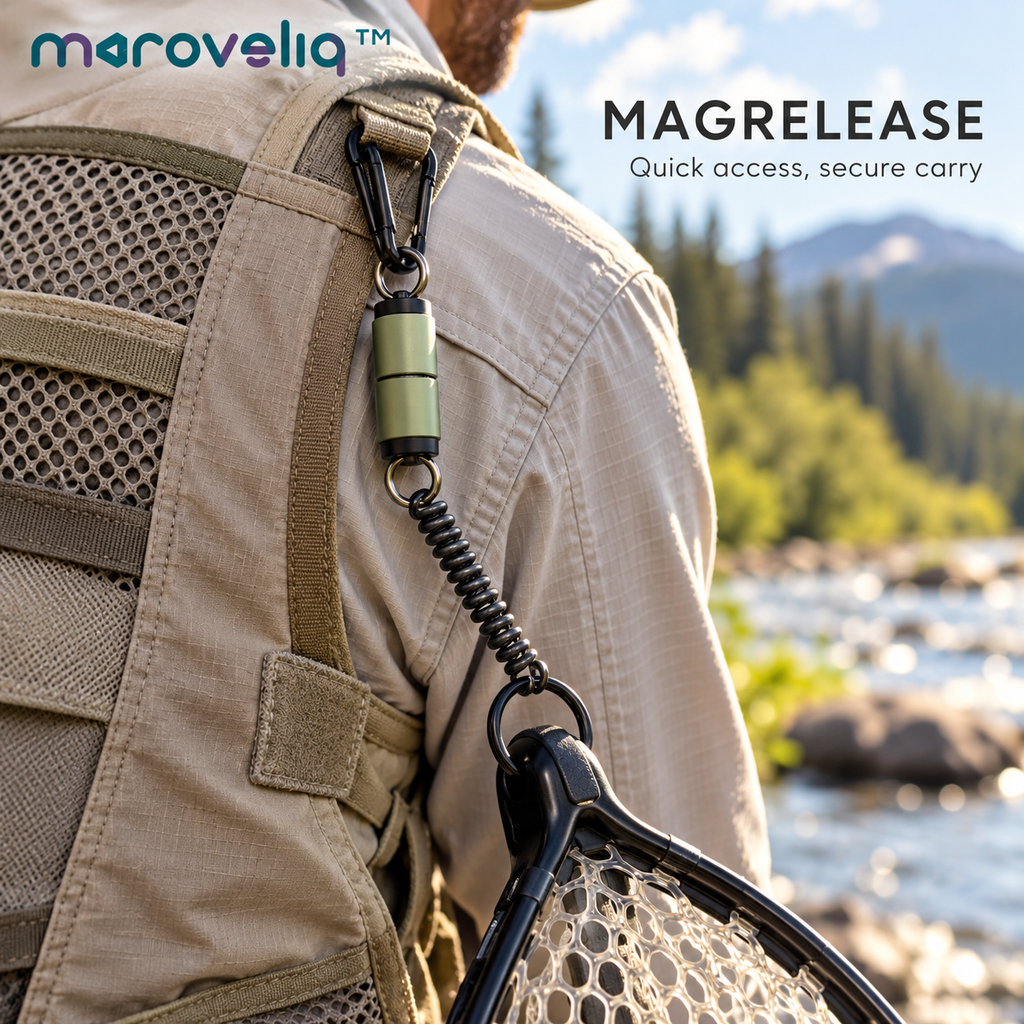 Maroveliq™ MagRelease – Magnetic Fishing Landing Net Release, Quick-Access Net Holder with Safety Lanyard