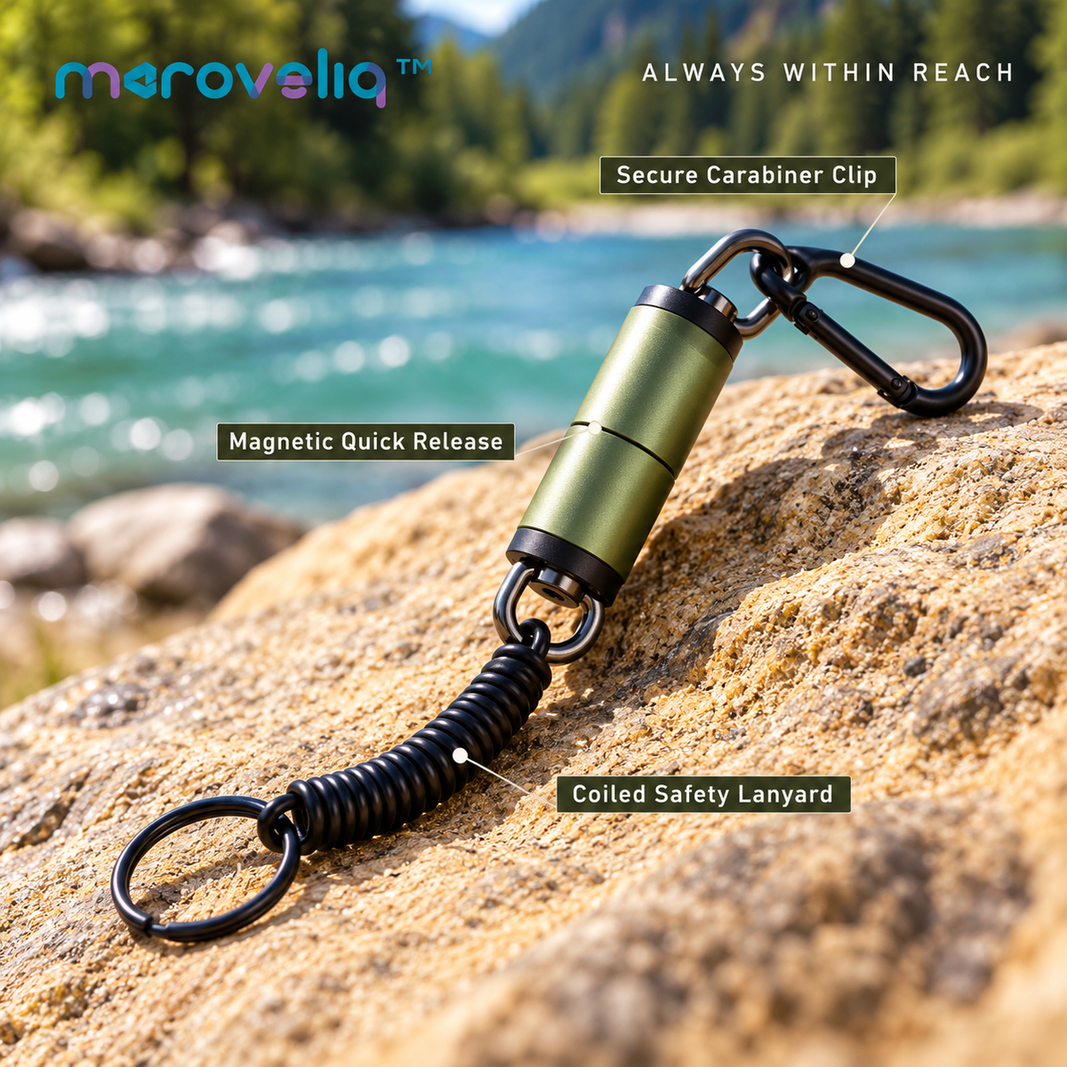 Maroveliq™ MagRelease – Magnetic Fishing Landing Net Release, Quick-Access Net Holder with Safety Lanyard