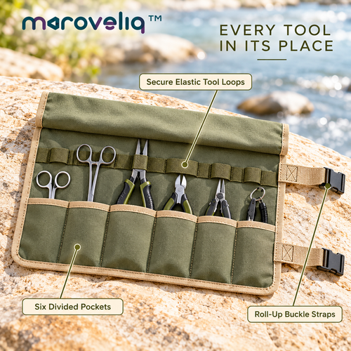 Maroveliq™ FieldRoll – Roll-Up Fishing Tool Organizer, Compact Tackle Utility Wrap with Divided Pockets